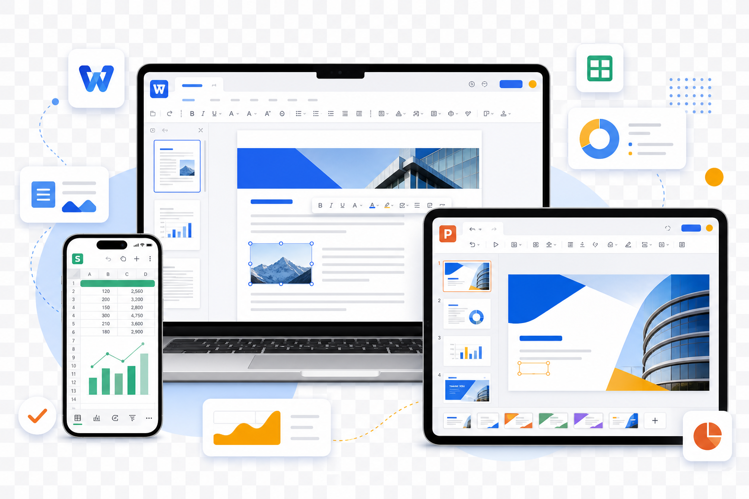 WPS Office 电脑版、平板与手机版多设备办公界面展示